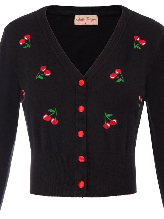 Sweaters - Women's 3/4 Sleeve V-Neck Button Down Cherries Embroidery Cropped Cardigan Sweat